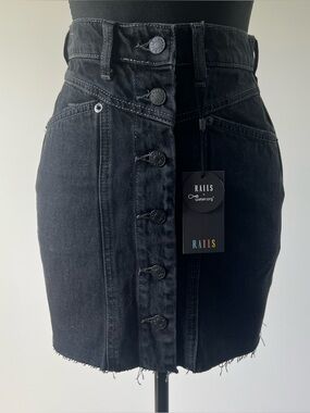 Rails Canyon Inked Raw Hem Black Denim Mini Skirt Button Front High Rise 24